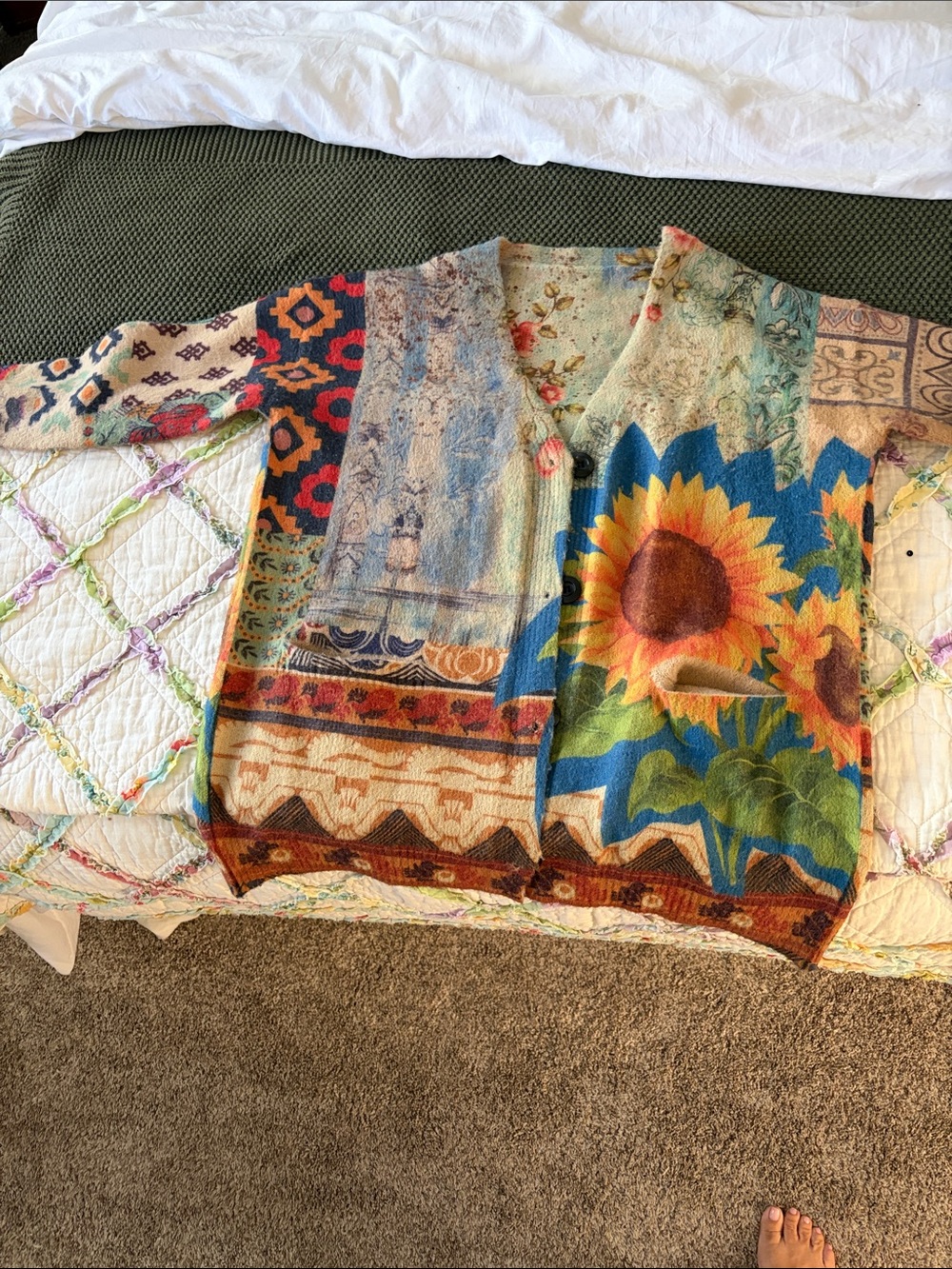 Sunflower Patchwork Open-Front Cardigan - Multicolor